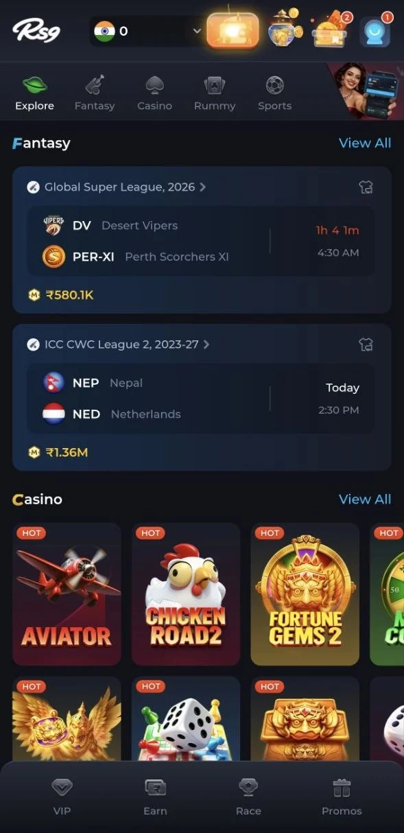 RS9-bet App on Android displaying the ₹500 introductory spin screen